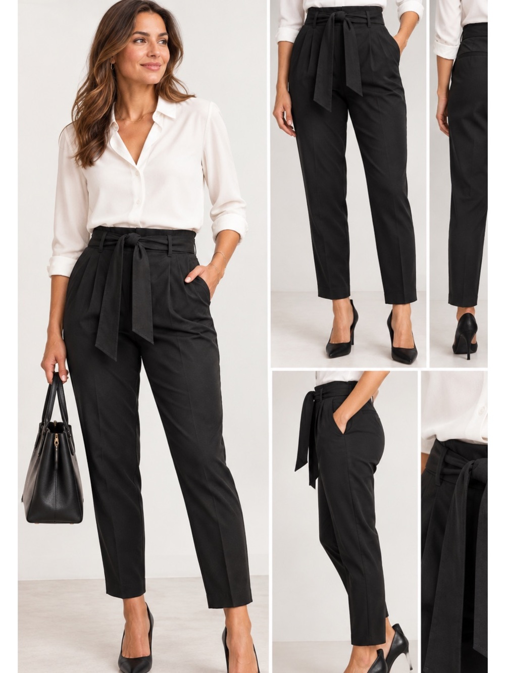 GAP High Rise Tie Waist Black Ankle Pants Belted Straight Leg Size 12 Business